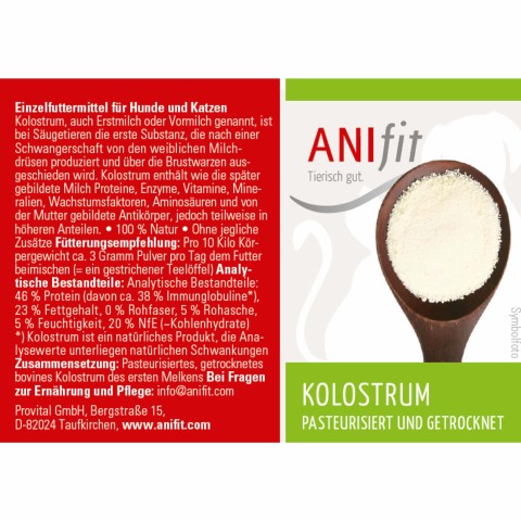 ANIfit Kolostrum-Produktetikett mit Zutatenangaben für Hunde