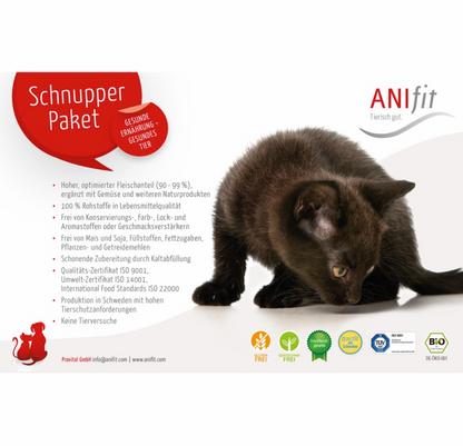 Schnupperpaket Katzen-Nassfutter, Deckel mit Katzenmotiv und Inhalts-Icons
