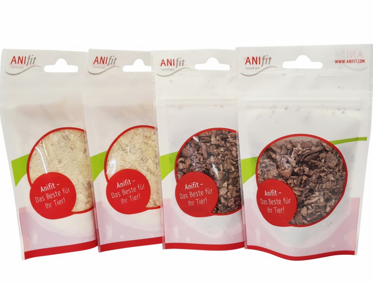 ANIfit Futterbeutel mit roten Etiketten und verschiedenen Sorten