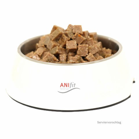 Braune Hundefutter-Würfel im Napf, mit Huhn, Fisch und Reis