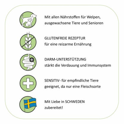 Vorteile: glutenfrei, darm-unterstützend, sensibel, eine Fleischsorte, Schweden