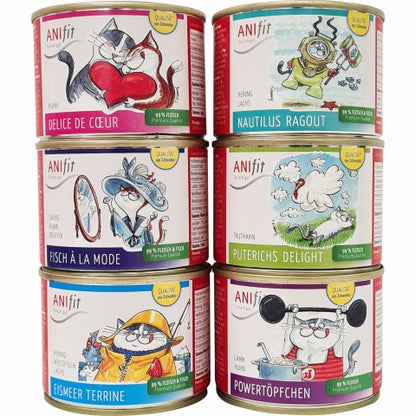 Sechs Dosen Katzen-Nassfutter im Schnupperpaket, ANIfit Sortenetiketten