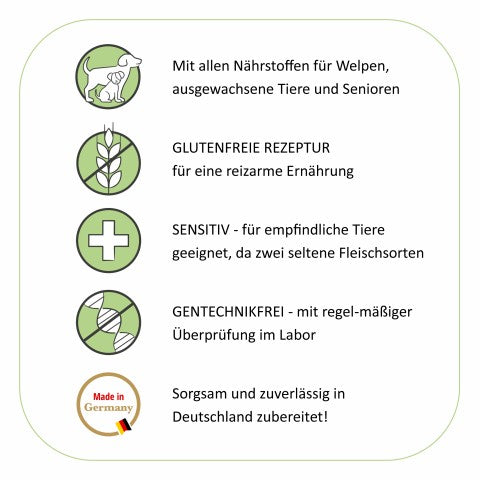 Zutatenhinweise: glutenfrei, sensitiv, gentechnikfrei, in Deutschland hergestellt