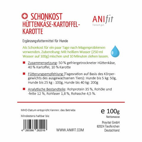 Etikett mit Inhaltsstoffen: Schonkost Hüttenkäse-Kartoffel-Karotte, 100 g