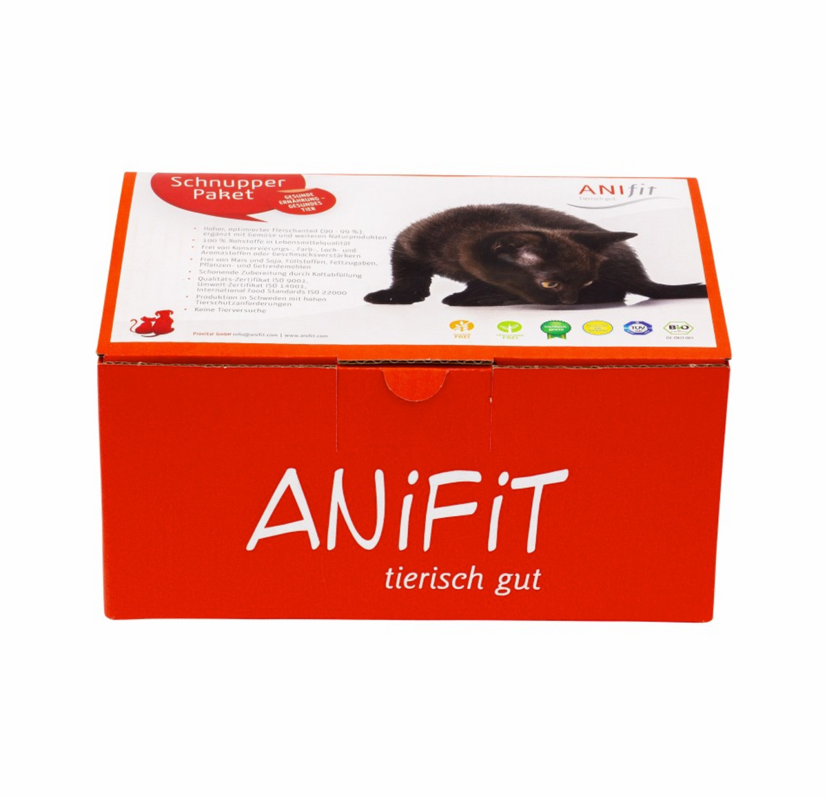 ANIfit Schnupperpaket Katzen-Nassfutter, roter Karton mit Deckelaufdruck